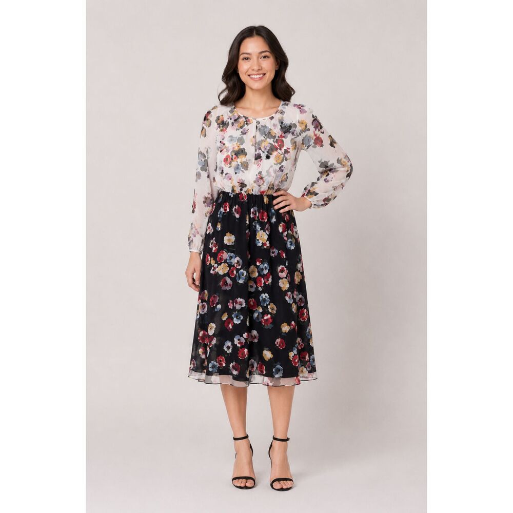 Ann Taylor Winter Floral Two-tone Midi Dress Color-block 10